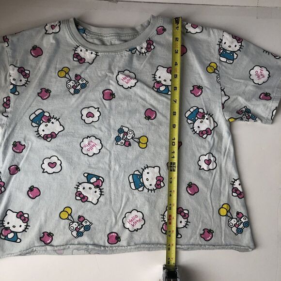 Hello Kitty Women’s Cut Off Hem T-Shirt Gray Graphic All Over Print Medium - Picture 7 of 12